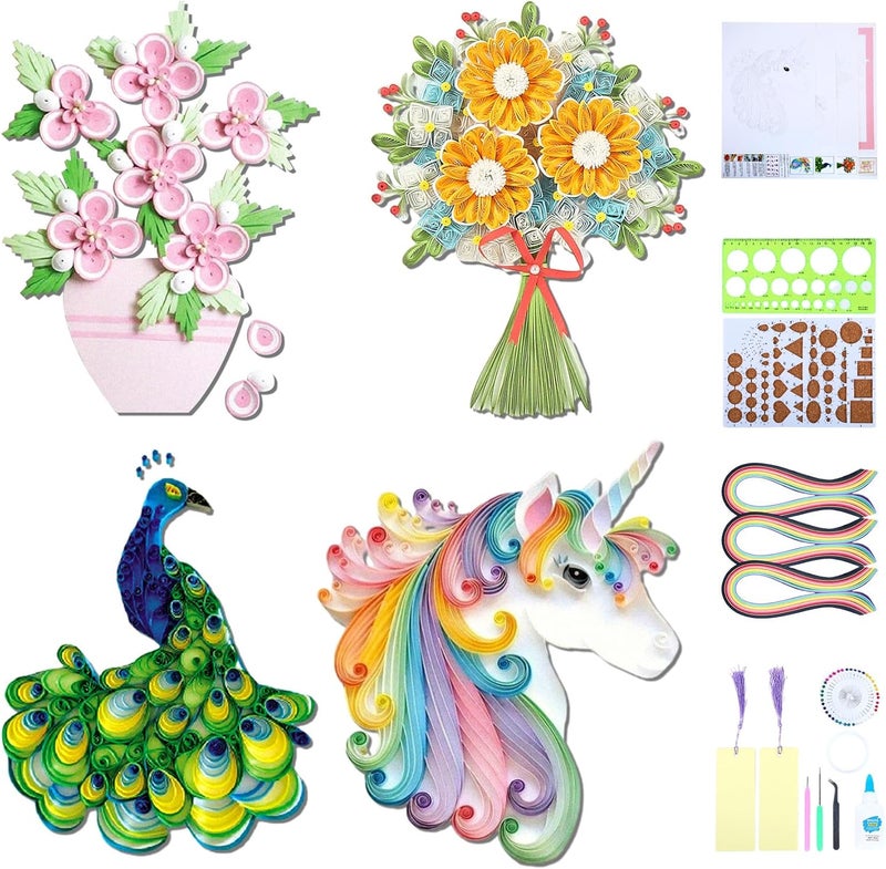 Ohmique Paper Quilling Kit - Paper Quilling Kit for Beginner Adults,DIY Set with Quilling Paper Strips 5mm, Filigree Paper Tools, 4 Patterns Flowers,Peacock,Unicon DIY Craft - Image 1